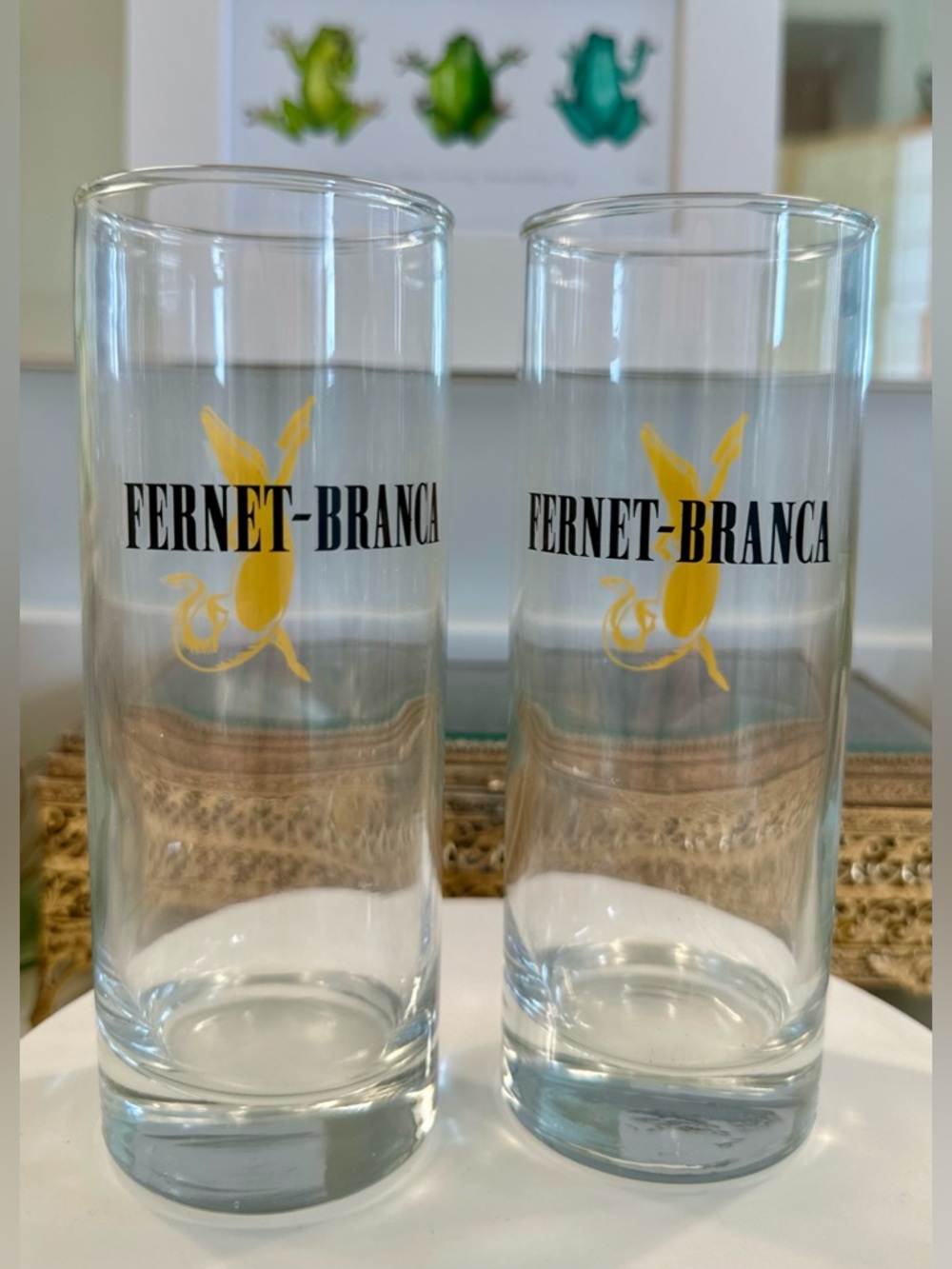 Fernet-Branca Dancing Alligator Hand-Painted Highball Glasses Italy EUC set of 2